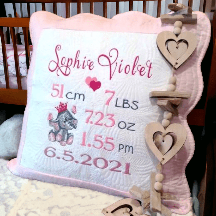 241256138_550043999606334_8543681470209214705_n-PhotoRoom.png Embroidered Ellie The Elephant Birth Announcement Personalised Heirloom Baby Cushion - Image 1